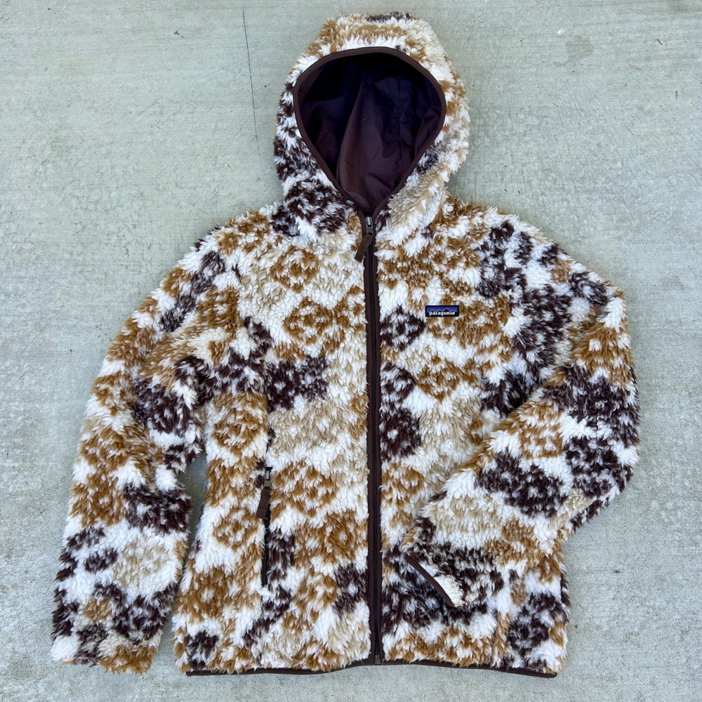 Patagonia Sherpa Retro X Aztec Deep Pile Fleece Jacket Large Brown Tan Hooded L
